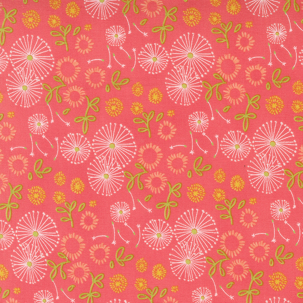 Abstract Dandelions and Daisys Done in White, Yellow, and Pink with Green Leaves on a Punchy Pink Background.  Fabric