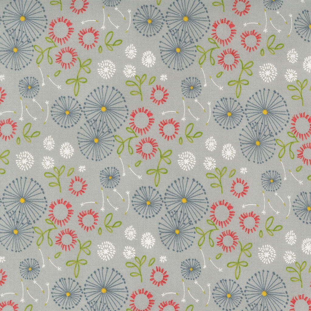 Abstract Dandelions and Daisys Done in White, Gray, and Pink with Green Leaves on a Light Gray Background.  Fabric