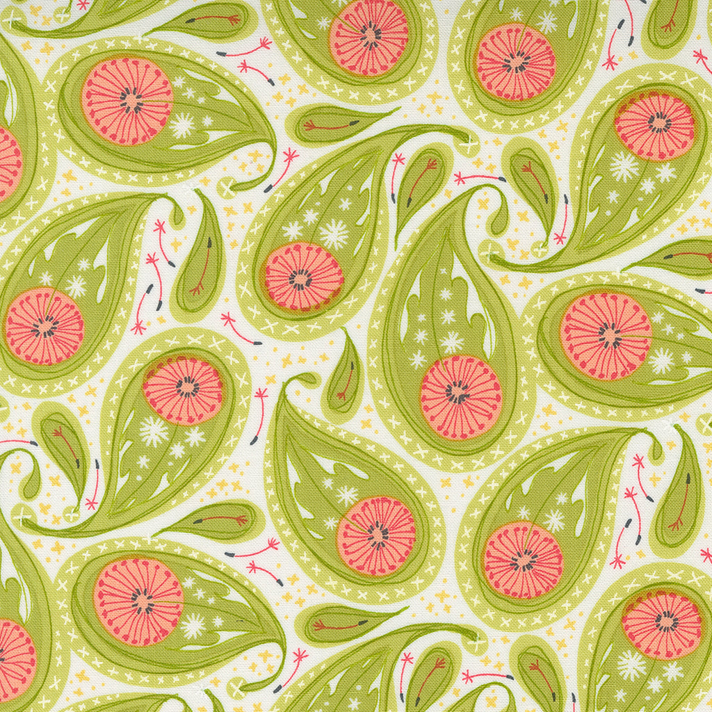 Green and Pink Paisley Floral Design on White Background with Dandelion Seed Accents. Fabric