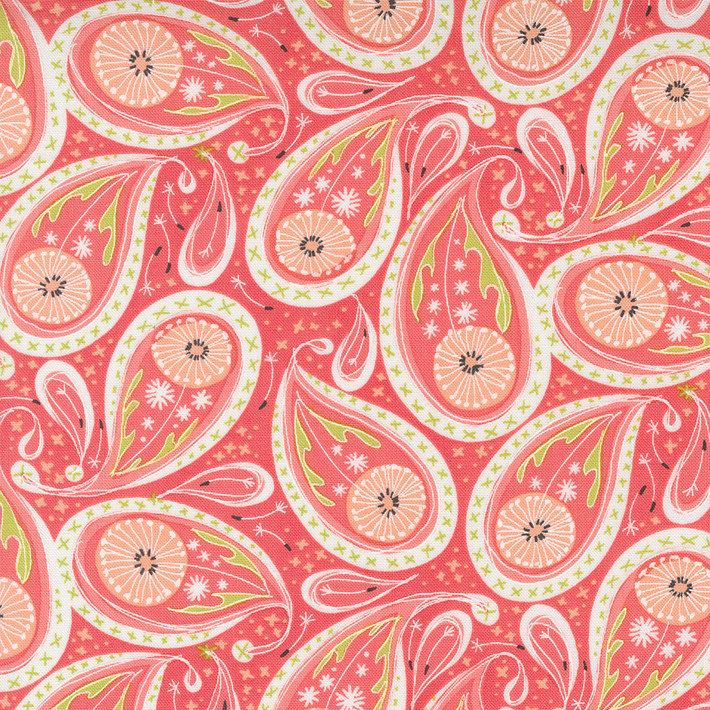 Light Coral Pink Paisley Floral Design on a Darker Coral Pink Background with Dandelion Seed and Green Leaf Accents. Fabric