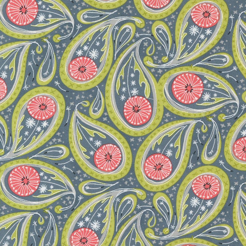 Coral Pink and Lime Green Paisley Floral Design on a Soft Black Background with Dandelion Seed and Green Leaf Accents. Fabric