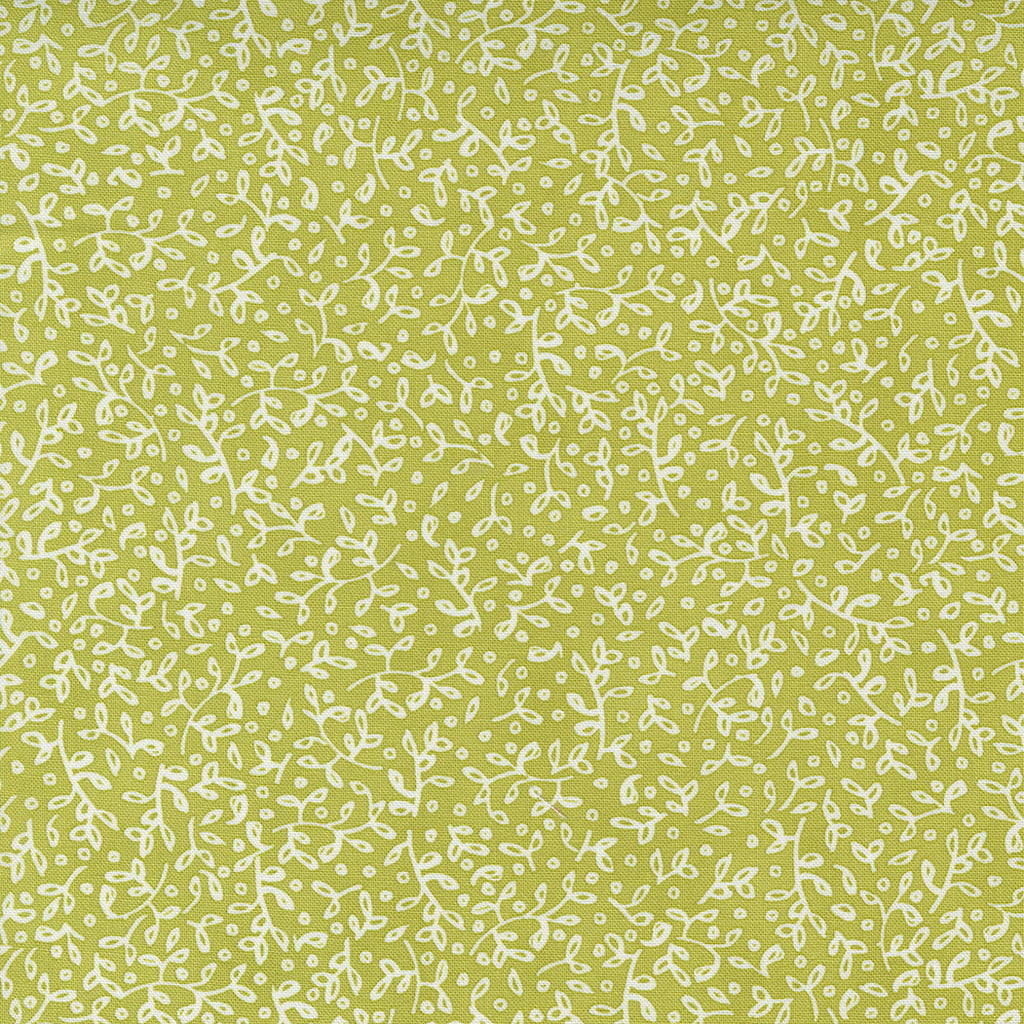 White Outlines of Flowers and Leaves on a Lime Green Background. Fabric