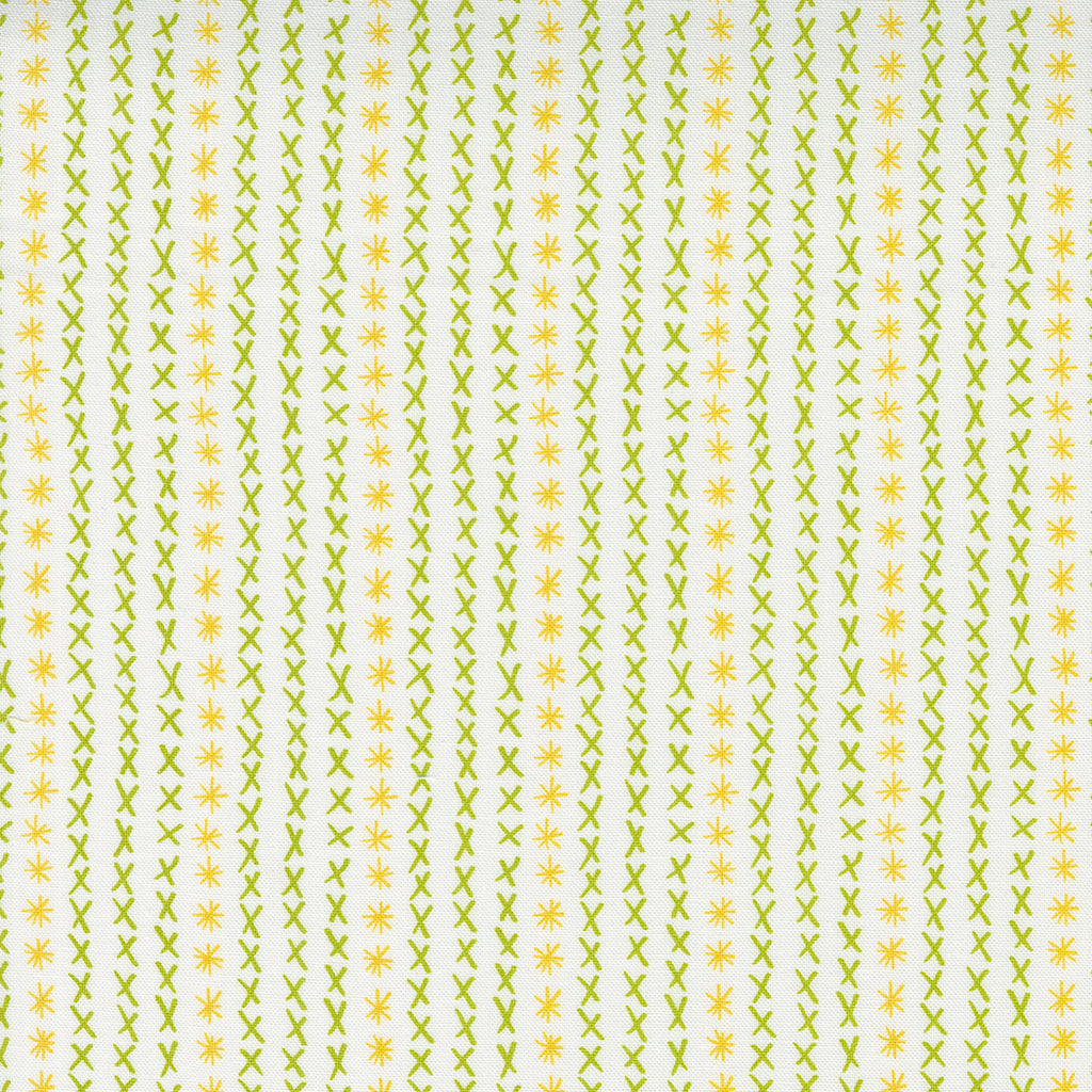 Vertical Stripe Pattern Made Up of Green Cross Hatch Marks and Small Yellow Flowers on a White Background. Fabric