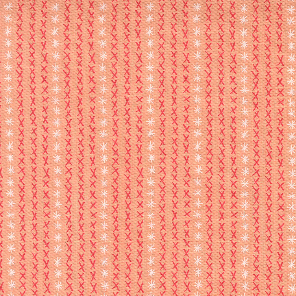  Vertical Stripe Pattern Made Up of Dark Pink Cross Hatch Marks and Small White Flowers on a Coral Pink Background. Fabric