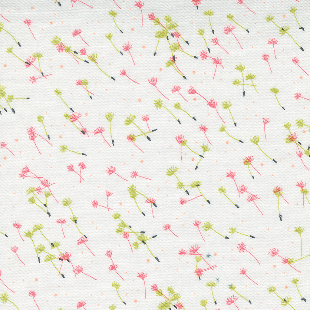 Pink and Lime Green Dandelions Seeds with Black Accent and Dots on a White Background. Fabric