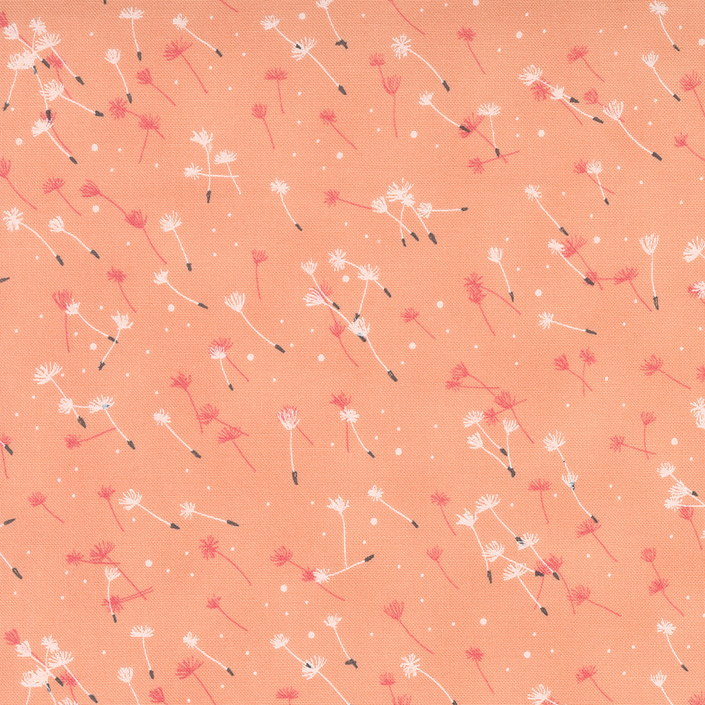 Pink and White Dandelion Seeds with Black Accent and Dots on a Coral Pink Background. Fabric