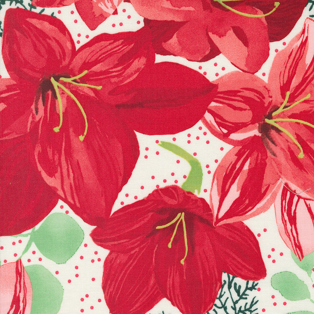 Winterly by Robin Pickens for Moda. Cream ﻿- Large Red Poinsettias with Green Leaf Accents and Red Dots on a Creamy White Background.