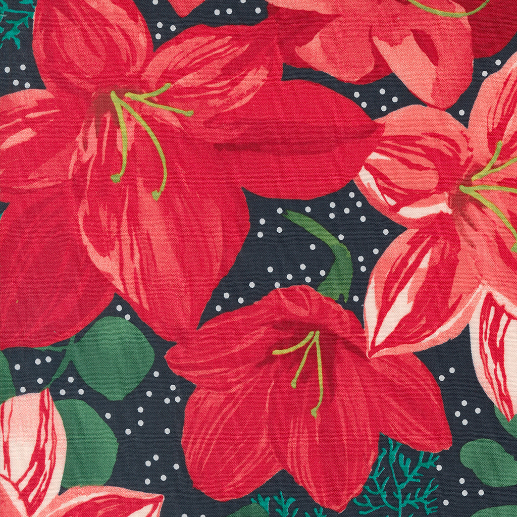 Winterly by Robin Pickens for Moda. Soft Black ﻿- Large Red Poinsettias with Green Leaf Accents and White Dots on a Soft Black Background.
