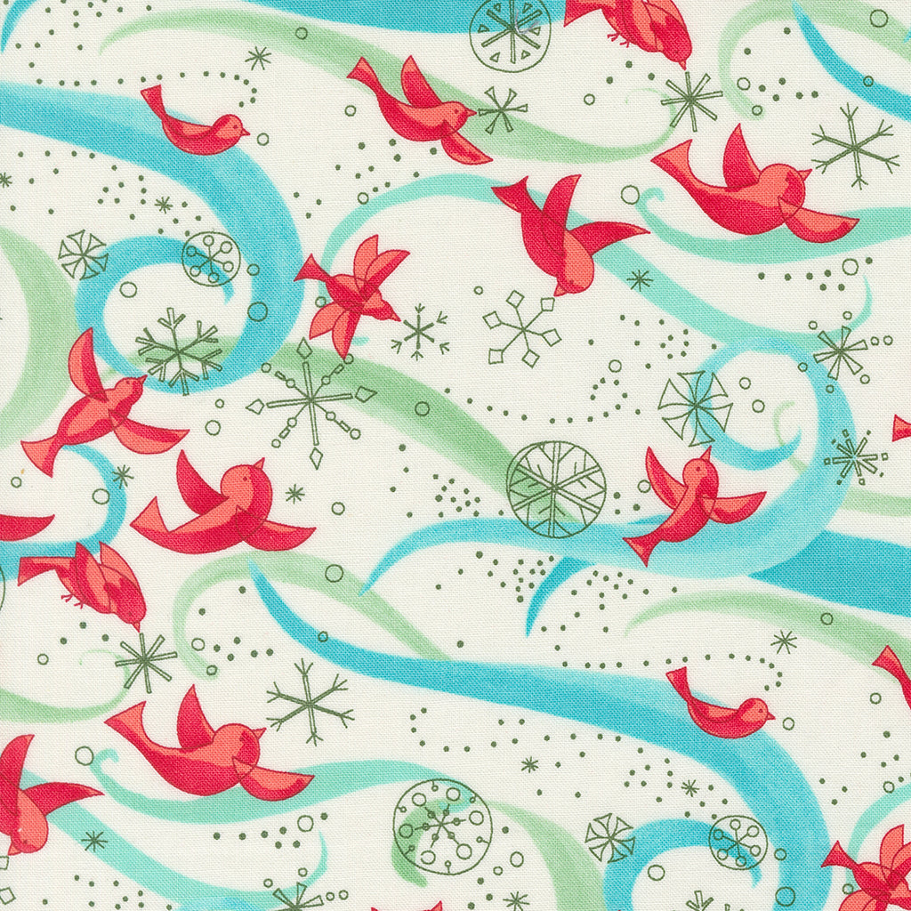 Winterly by Robin Pickens for Moda. Cream ﻿- Allover Pattern of Red Birds and Snowflakes with Blue and Green Swirls on a Creamy White Background. 