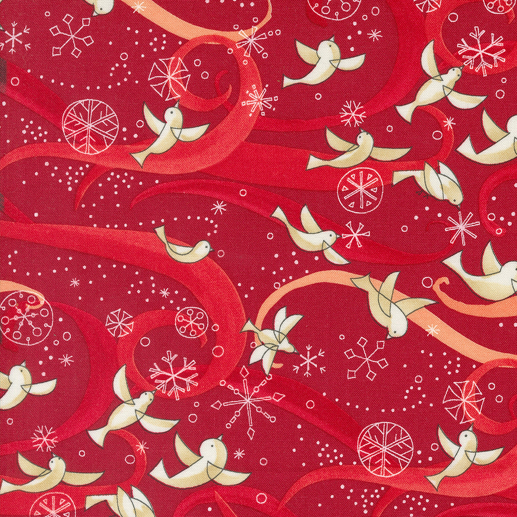Winterly by Robin Pickens for Moda. Crimson ﻿- Allover Pattern of Cream Birds and Snowflakes with Red and Peach Swirls on a Red Background. 