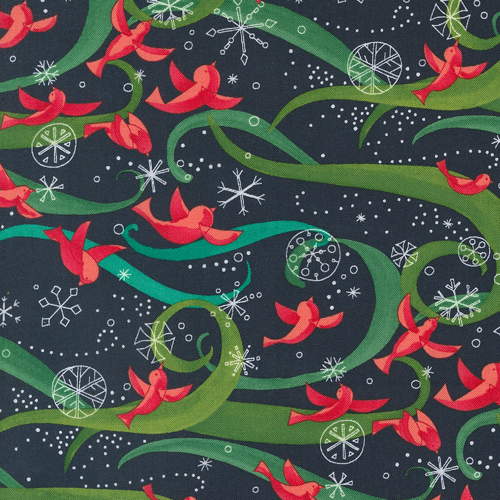 Winterly by Robin Pickens for Moda. Soft Black ﻿- Allover Pattern of Red Birds and Snowflakes with Green Swirls on a Soft Black Background. 