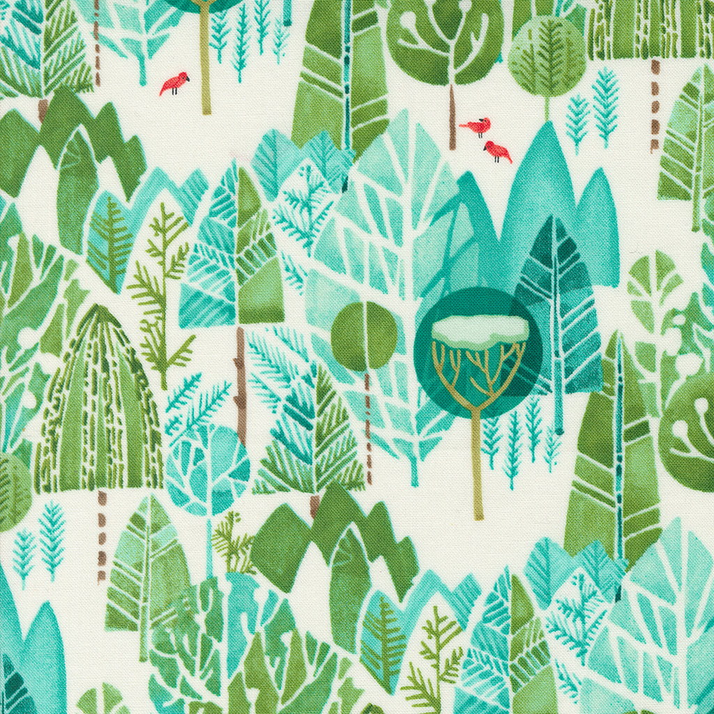 Winterly by Robin Pickens for Moda. Cream ﻿- Allover Pattern of Abstract Trees in Shades of Aqua and Green Accented with Small Red Birds on a Cream Background. 