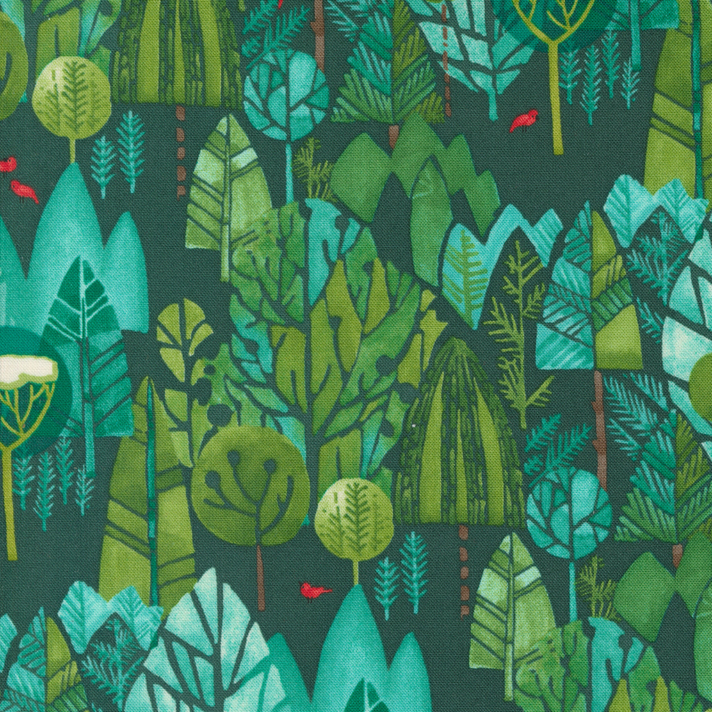 Winterly by Robin Pickens for Moda. Spruce ﻿- Allover Pattern of Abstract Trees in Shades of Aqua and Green Accented with Small Red Birds on a Dark Green Background. 