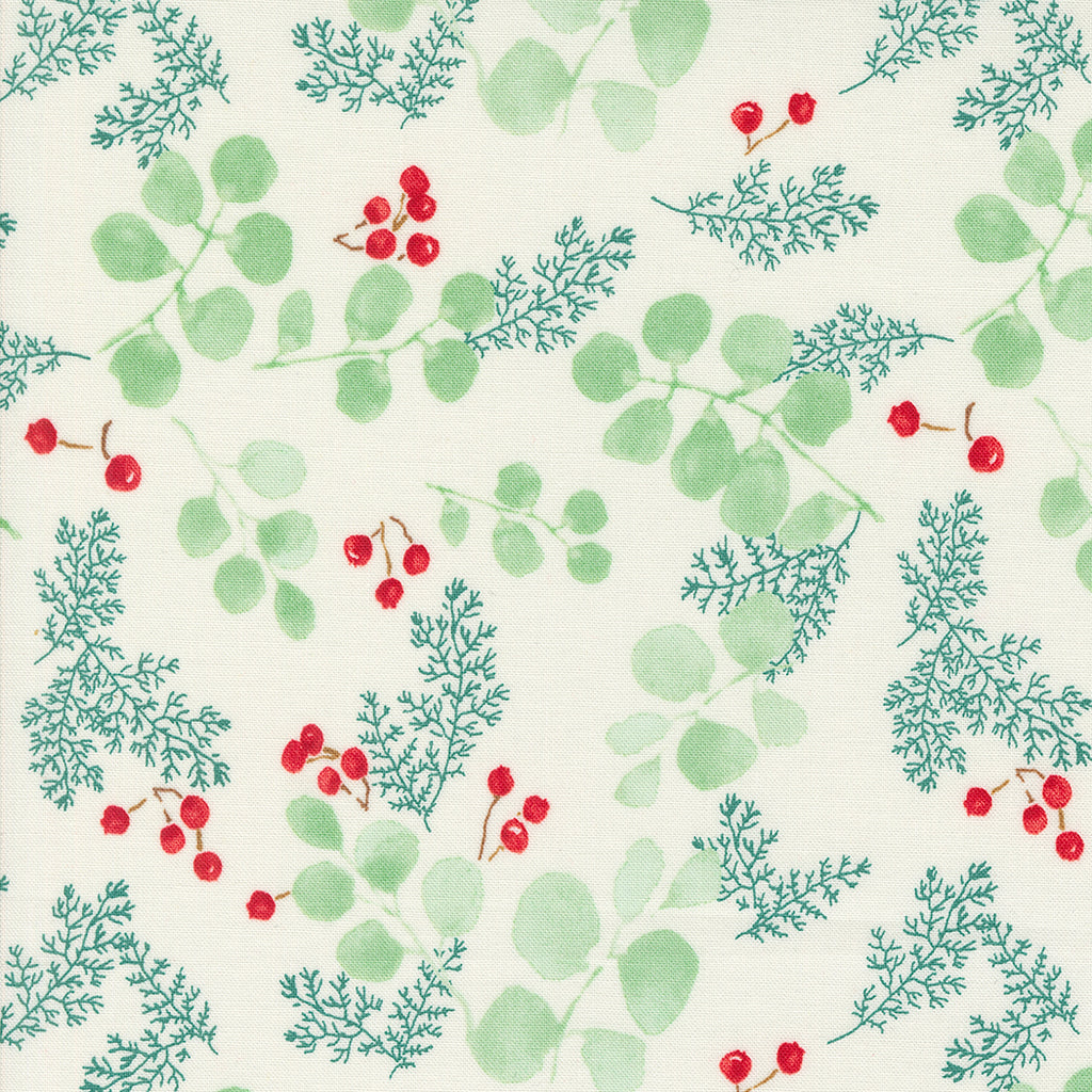 Winterly by Robin Pickens for Moda. Cream ﻿- Green Eucalyptus Leaves, Blue-Green Branches, and Red Berries on a Cream Background. 