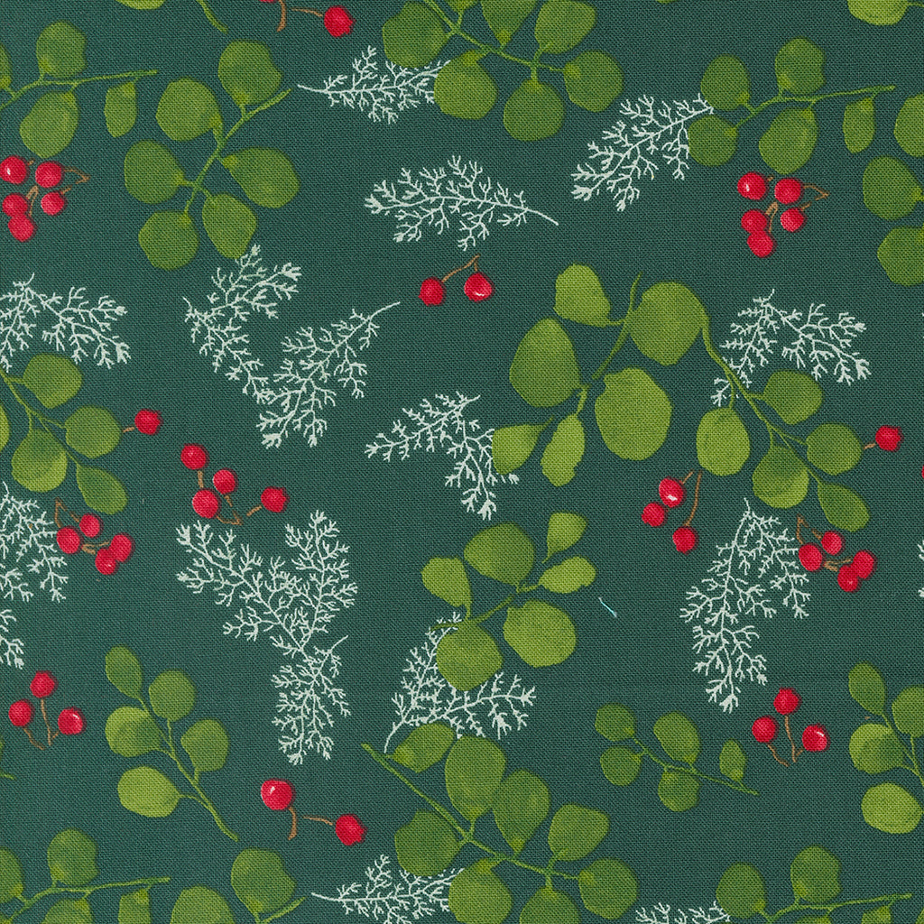 Winterly by Robin Pickens for Moda. Spruce ﻿- Green Eucalyptus Leaves, White Branches, and Red Berries on a Dark Green Background. 
