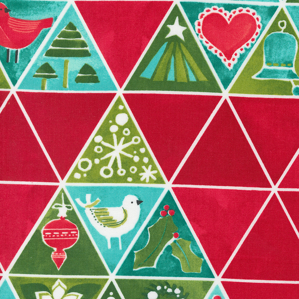 Winterly by Robin Pickens for Moda. Crimson ﻿- Triangle Pattern of Solid Red and Various Christmas Scenes with Birds, Bells, Trees, and Ornaments done in Red, Green and Aqua.  