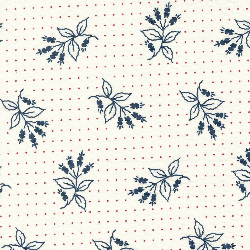 Navy Floral Design with Red Allover Dots on a White Background. Fabric