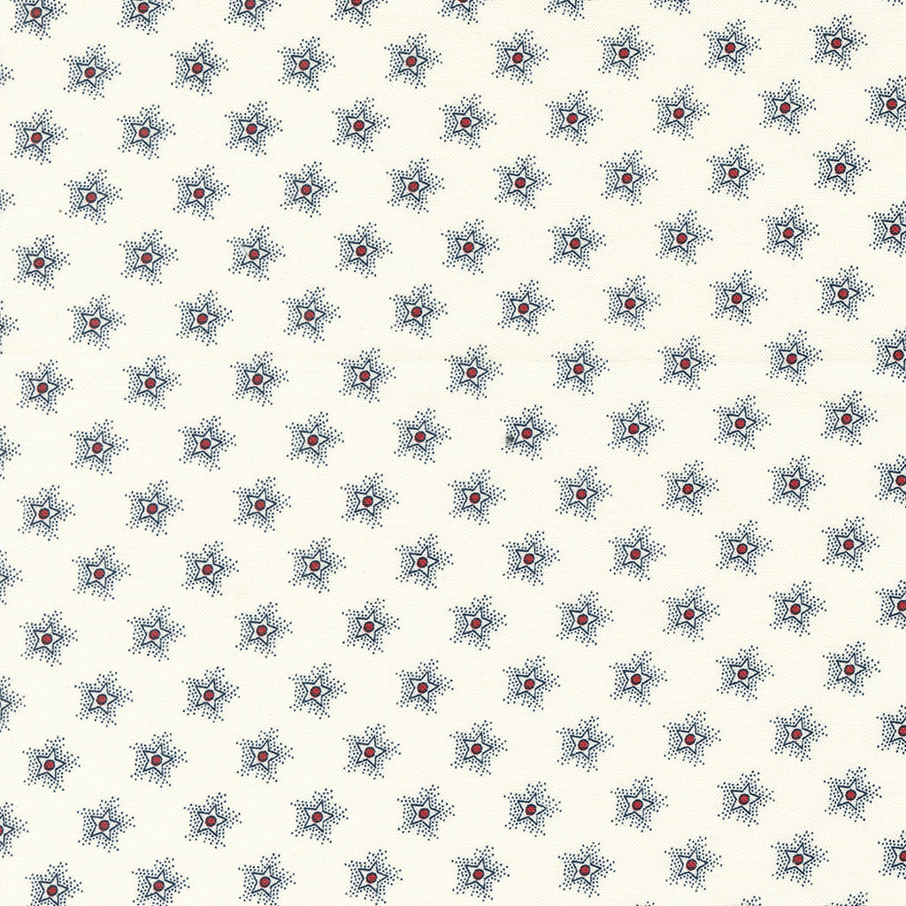 Blue stars with red centers on a white background.  Fabric
