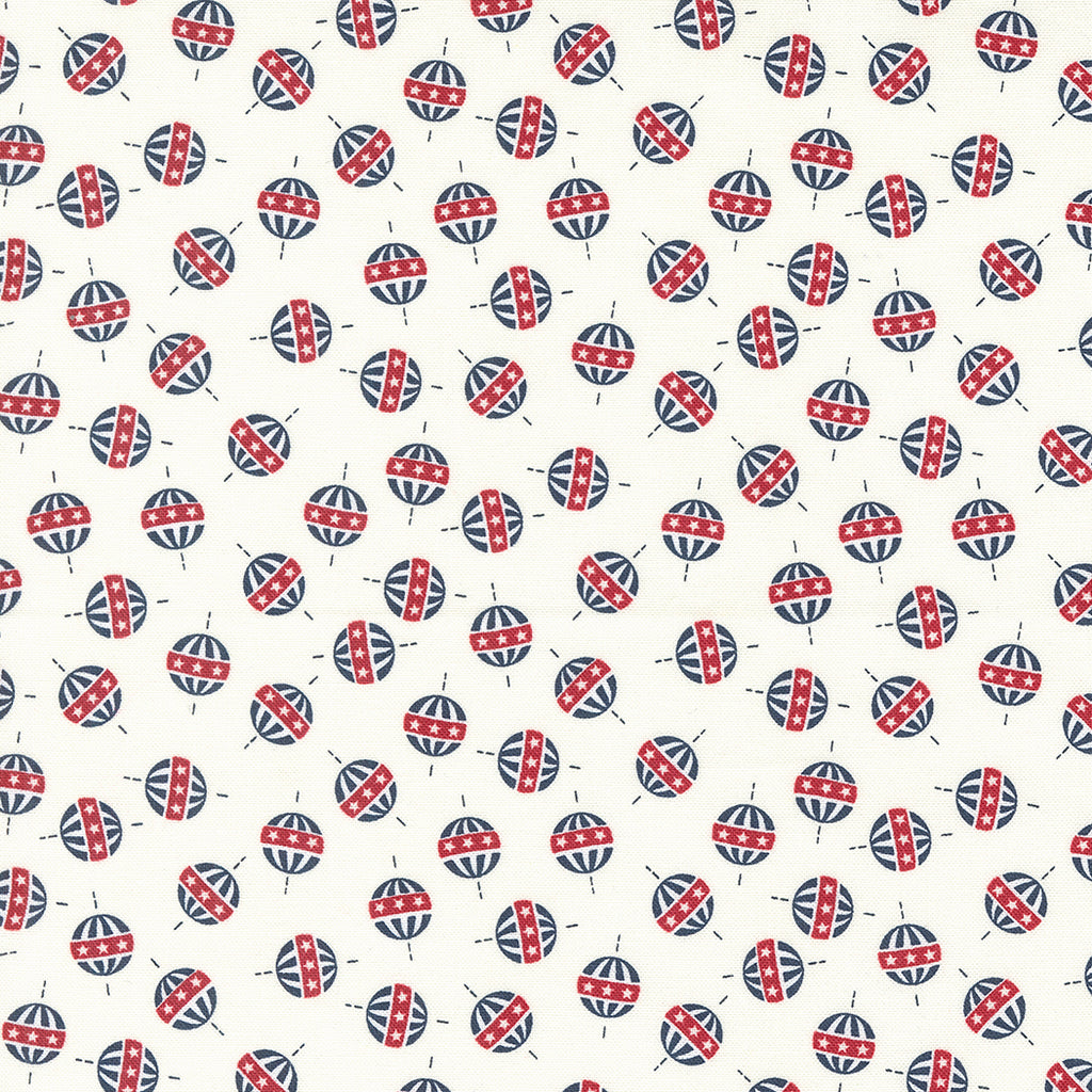 Red and Blue Circle/Star Design on a White Background.  Fabric