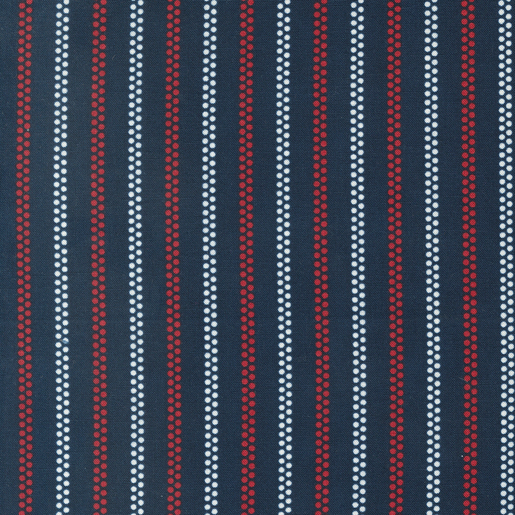 Red and White Stripes, made of Dots, on a Navy Background. Fabric