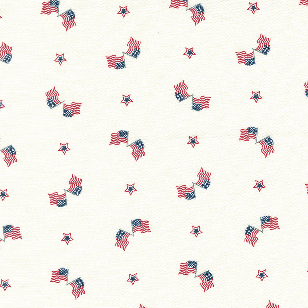 Small American Flag and Scattered Red and Blue Stars on a White Background.  Fabric