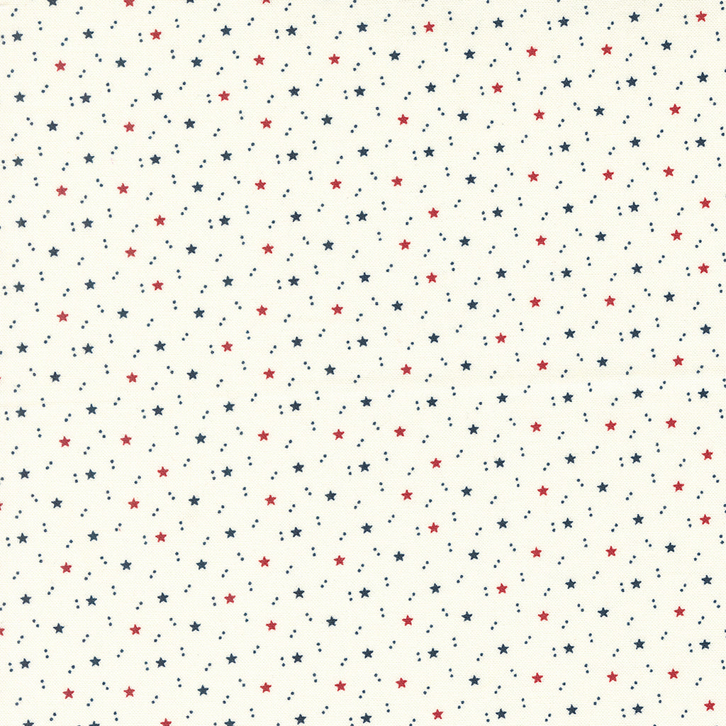 Small Red and Blue Stars with Blue Dots on a White Background. Fabric