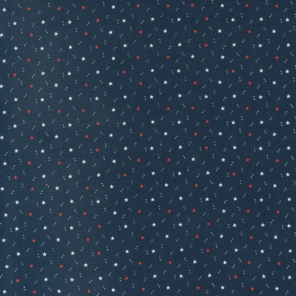 Small Red and White Stars with White Dots on a Navy Background. Fabric