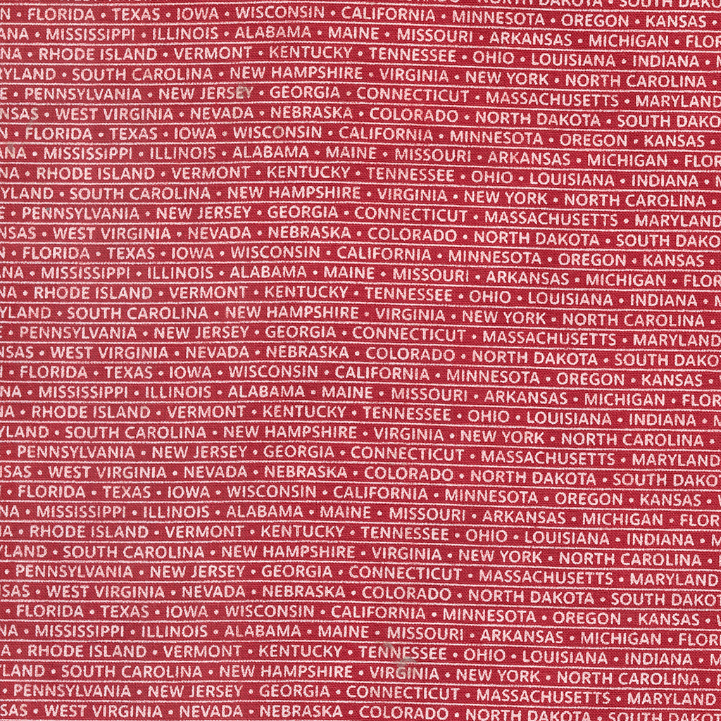 All 50 States printed out in White on a Red Background. Lines and Stars separate each state. Fabric
