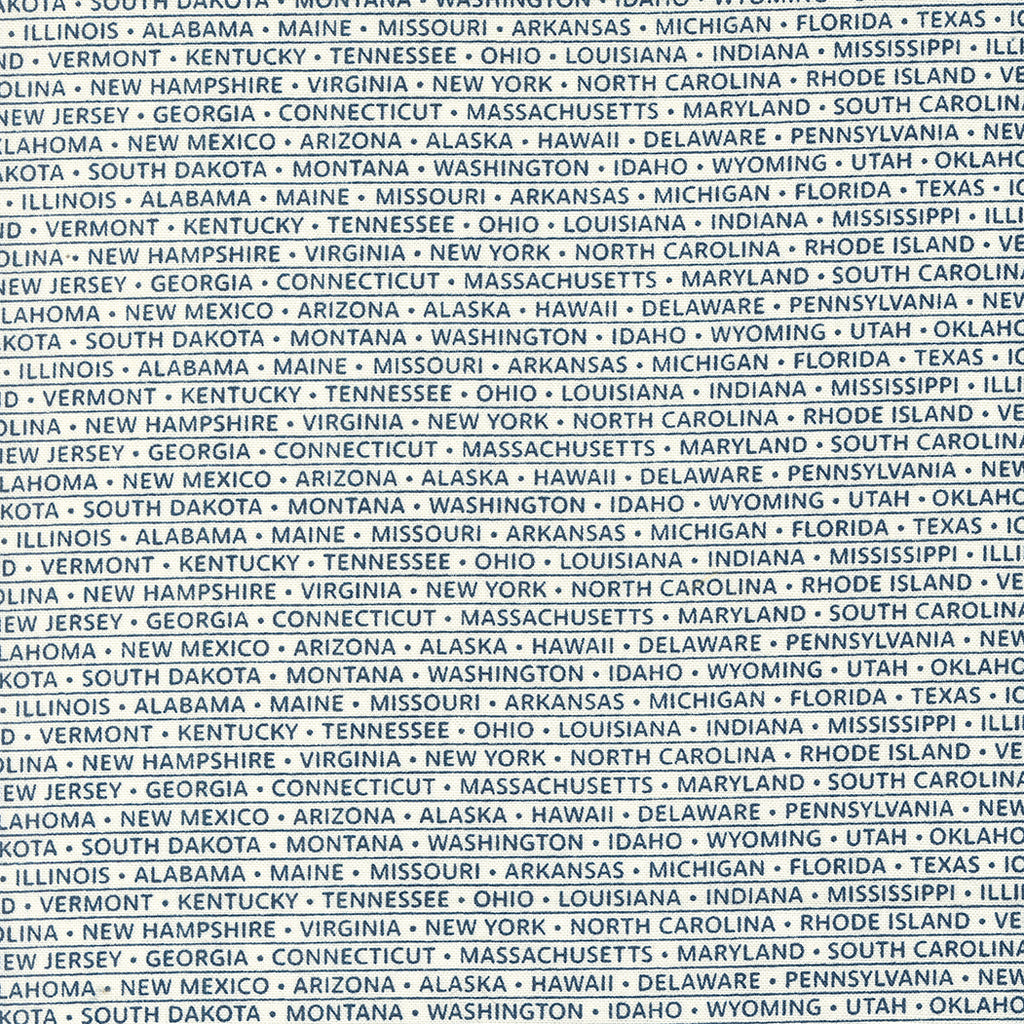 All 50 States printed out in Navy on a White Background. Lines and Stars separate each state. Fabric