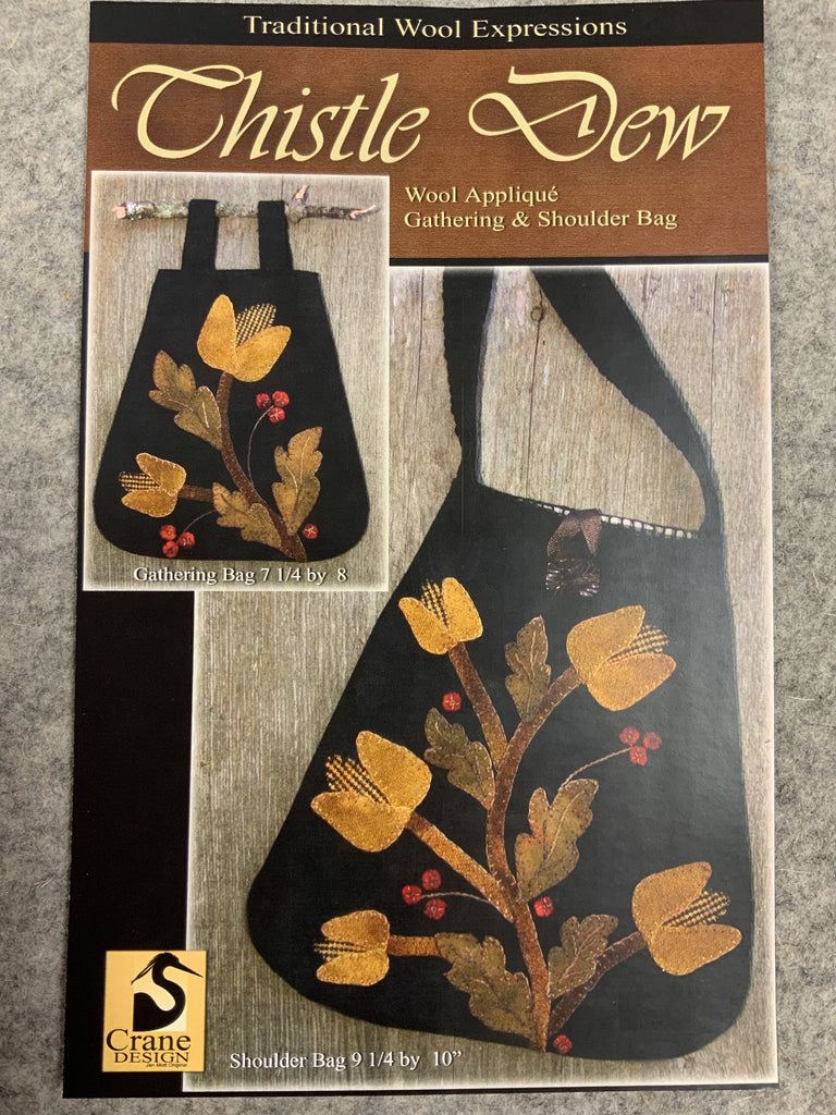 Thistle Dew pattern by Jan Mott of Crane Design. Finished Size: Gathering Bag: 7 1/4 inch x 8 inch, Shoulder Bag: 9 1/4 x 10 inch