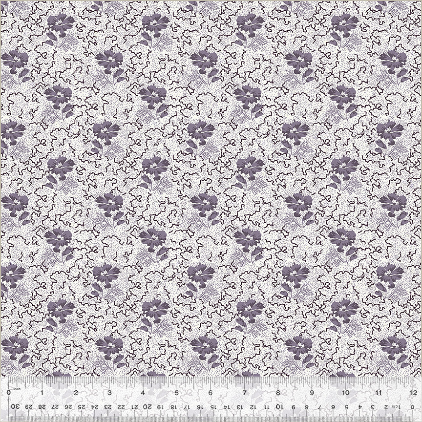 Circa: Purple by Whistler Studios for Windham Fabrics. Posey - Light and Medium Purple Flowers with Purple Abstract Lines on a Light Purple Background. 