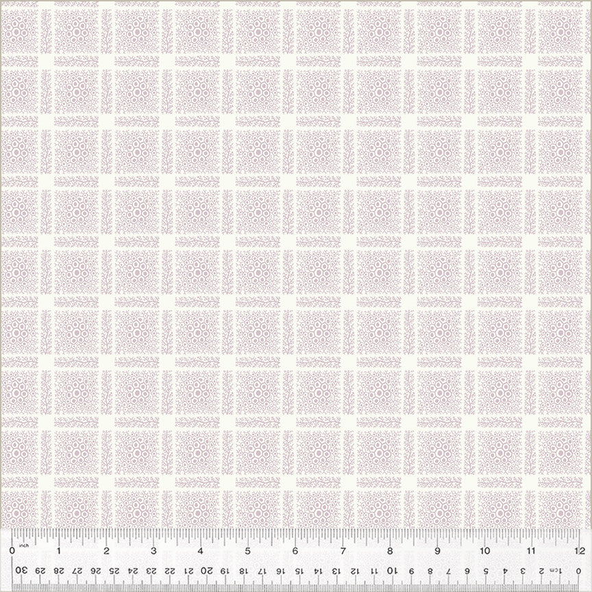 Circa: Purple by Whistler Studio for Windham Fabrics. Lacey Plaid - Light Purple Plaid with Floral and Leaf Detailing on a White Background.