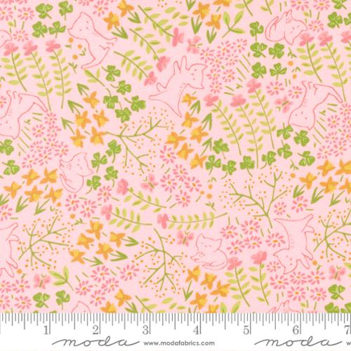 Multicolored floral consisting of variety of different pink, orange and green plants with an outline of a cat throughout on a pink background. Fabric