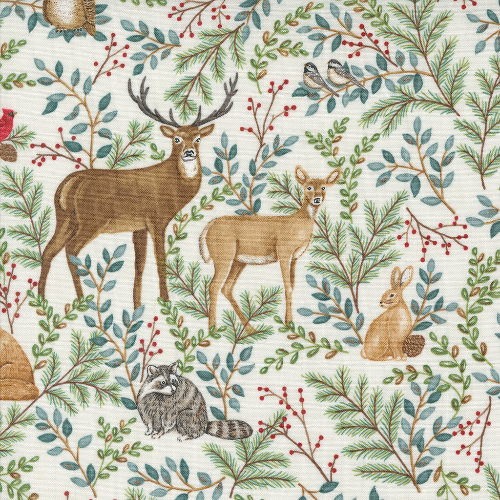Woodland Winter by Deb Strain for Moda. Snowy White - Allover Green Leaves with Woodland Animals, such as Deer, Birds, Raccoons, and Rabbits, and Accents of Red Berries on a Cream Background. 