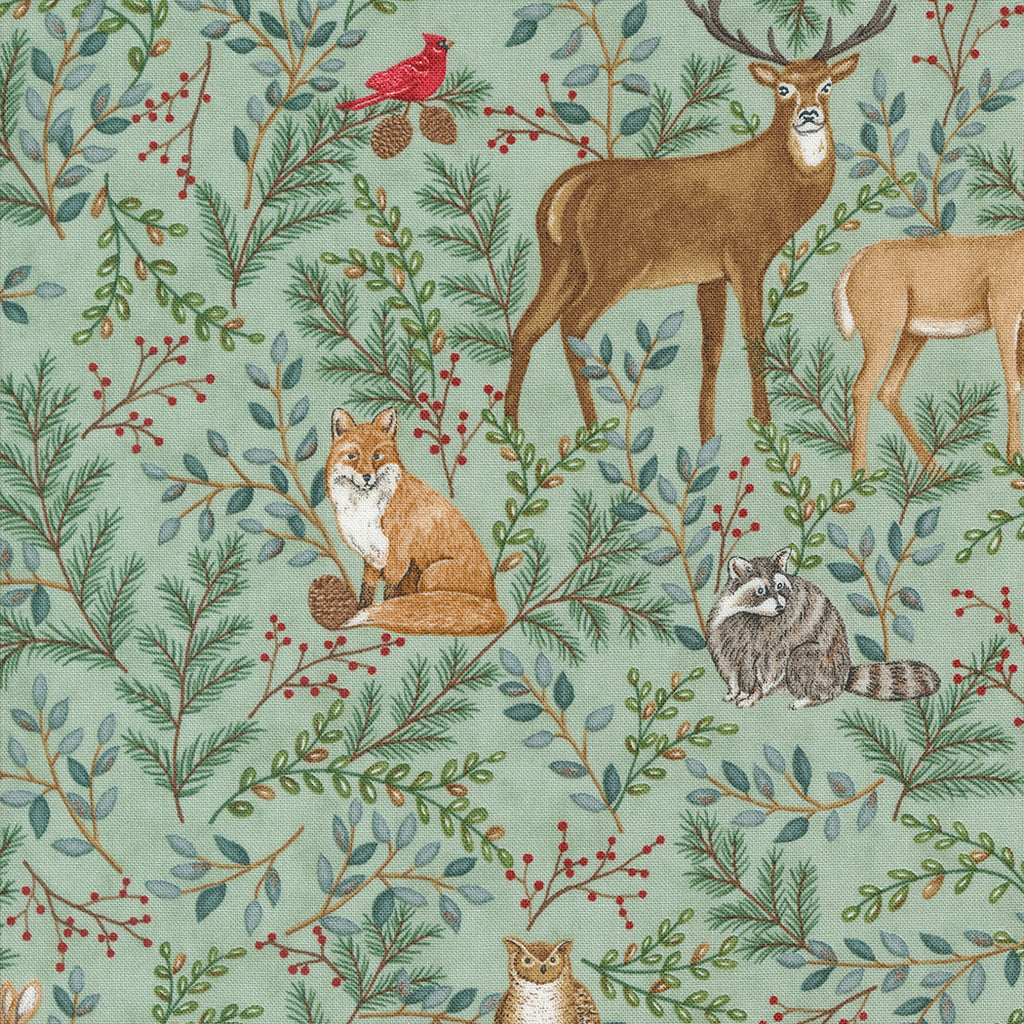 Woodland Winter by Deb Strain for Moda. Eucalyptus - Allover Green Leaves with Woodland Animals, such as Deer, Birds, Raccoons, and Rabbits, and Accents of Red Berries on a Green Background. 