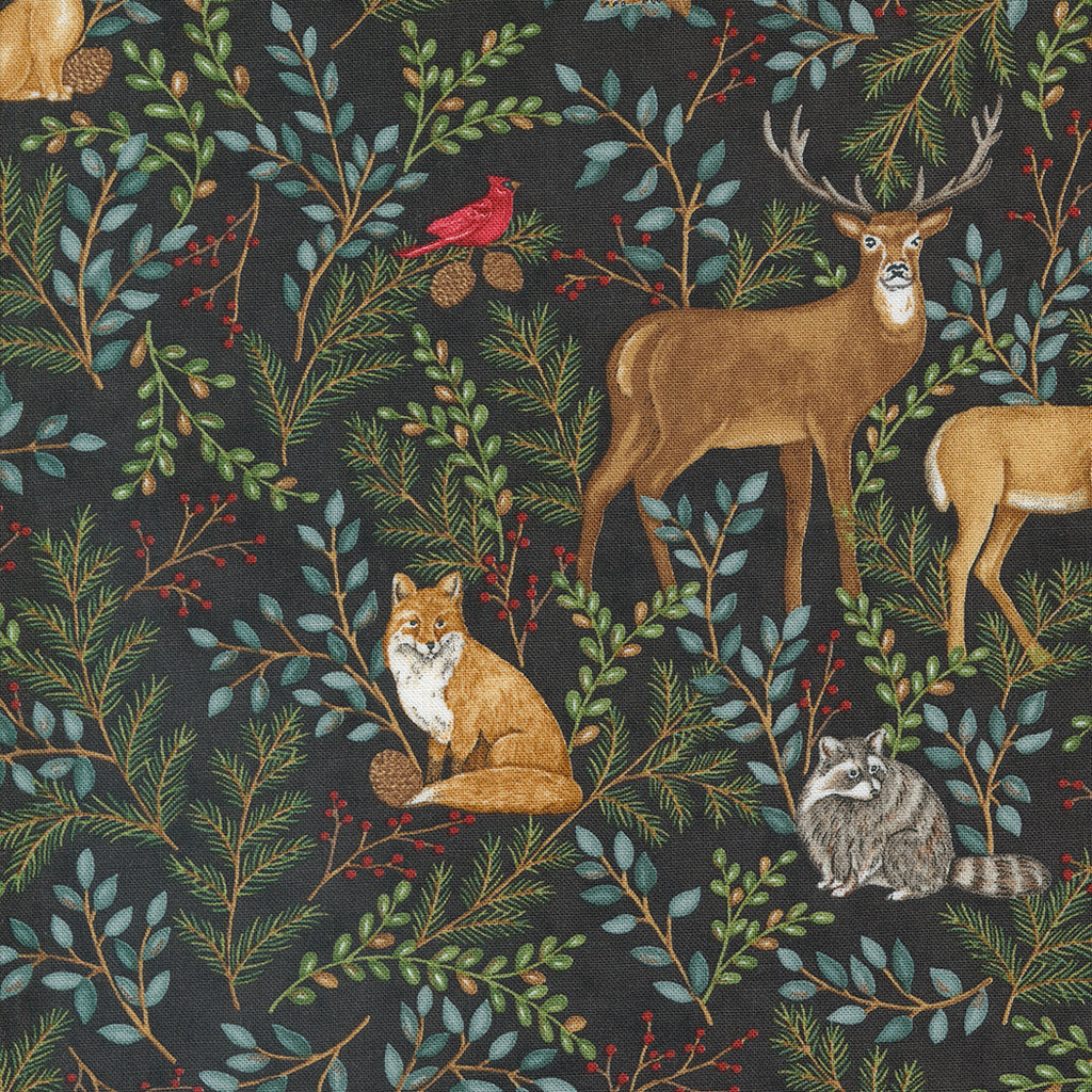 Woodland Winter by Deb Strain for Moda. Charcoal Black - Allover Green Leaves with Woodland Animals, such as Deer, Birds, Raccoons, and Rabbits, and Accents of Red Berries on a Black Background. 