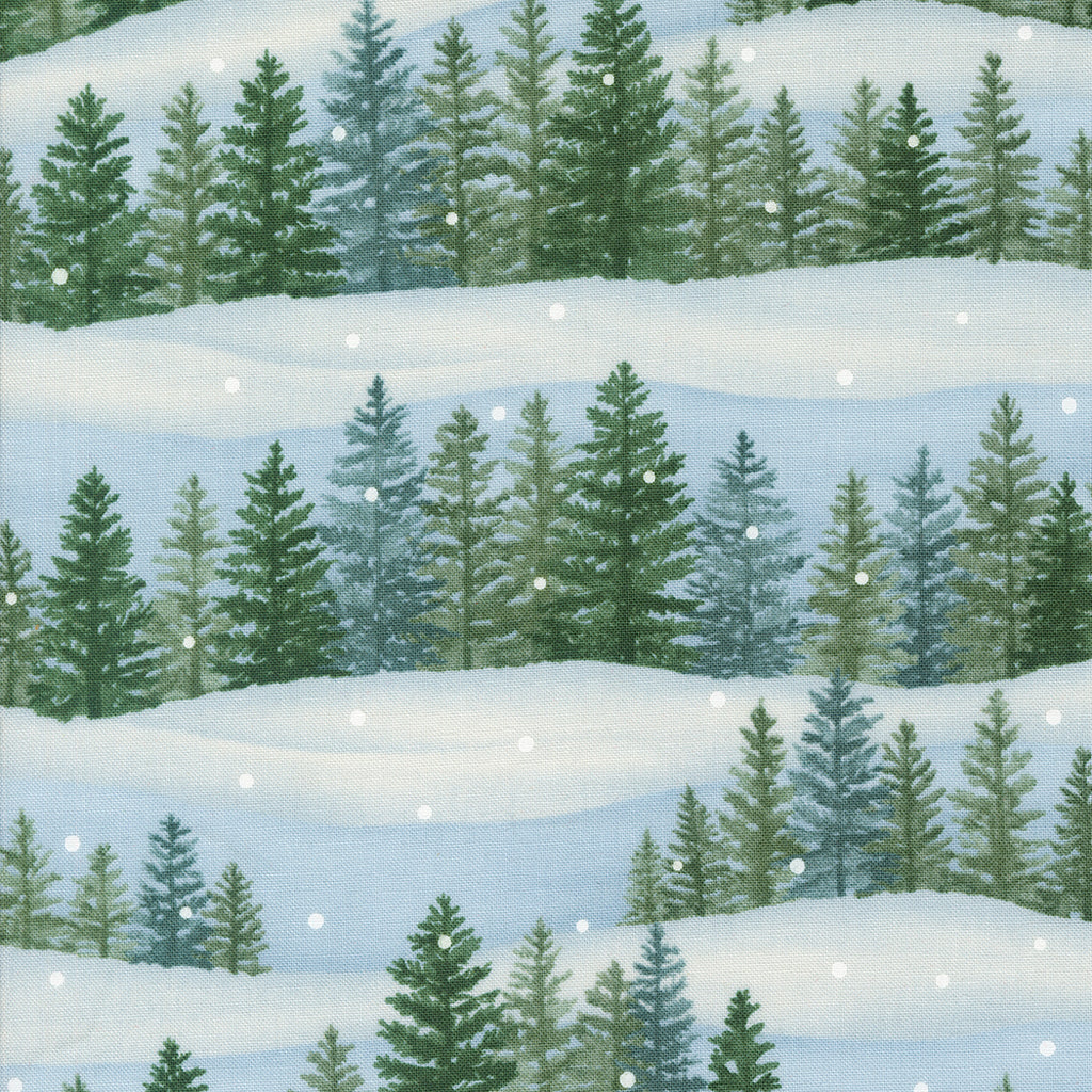 Woodland Winter by Deb Strain for Moda. Sky Blue - Stripes of Green Pine Trees and Winter Blue Snow. Accented by White Dots of Snow. 