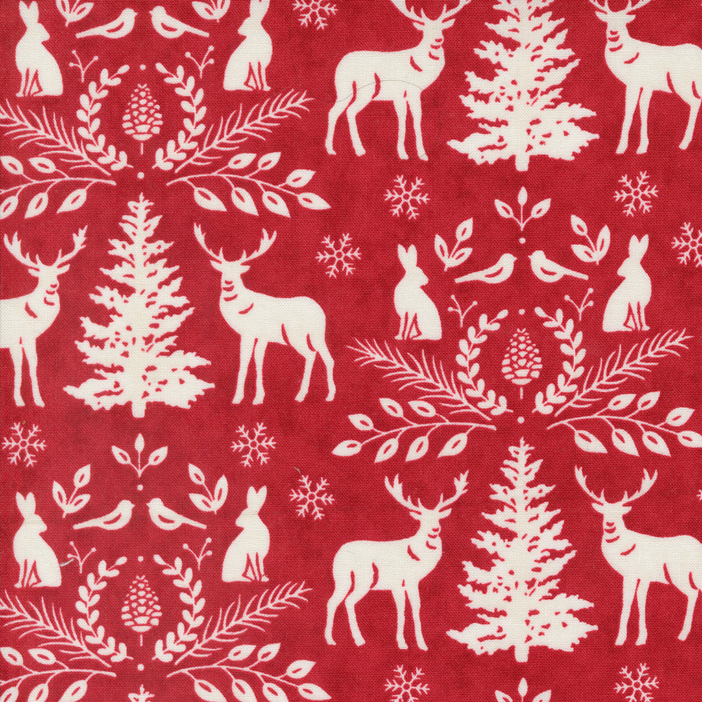 Woodland Winter by Deb Strain for Moda. Cardinal Red - White Woodland Animals, Snowflakes, Trees and Other Designs on a Red Background. 