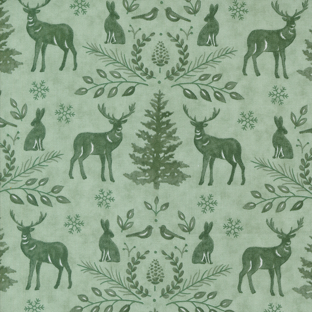 Woodland Winter by Deb Strain for Moda. Eucalyptus- Medium Green Woodland Animals, Snowflakes, Trees and Other Designs on a Lighter Green Background. 