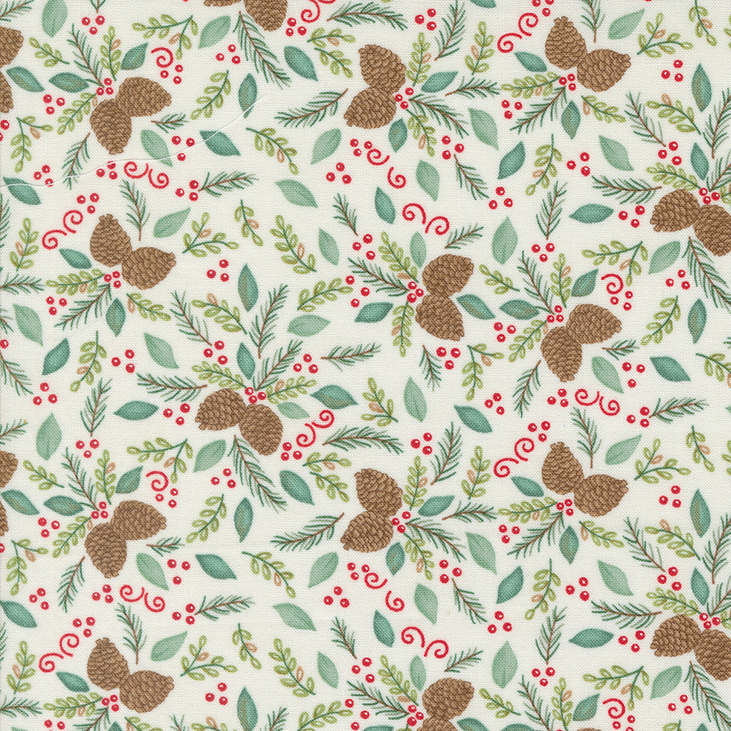 Woodland Winter by Deb Strain for Moda. Snowy White - Pinecone Boughs with Red Berries and Accents and Green Leaves on a Cream Background.  