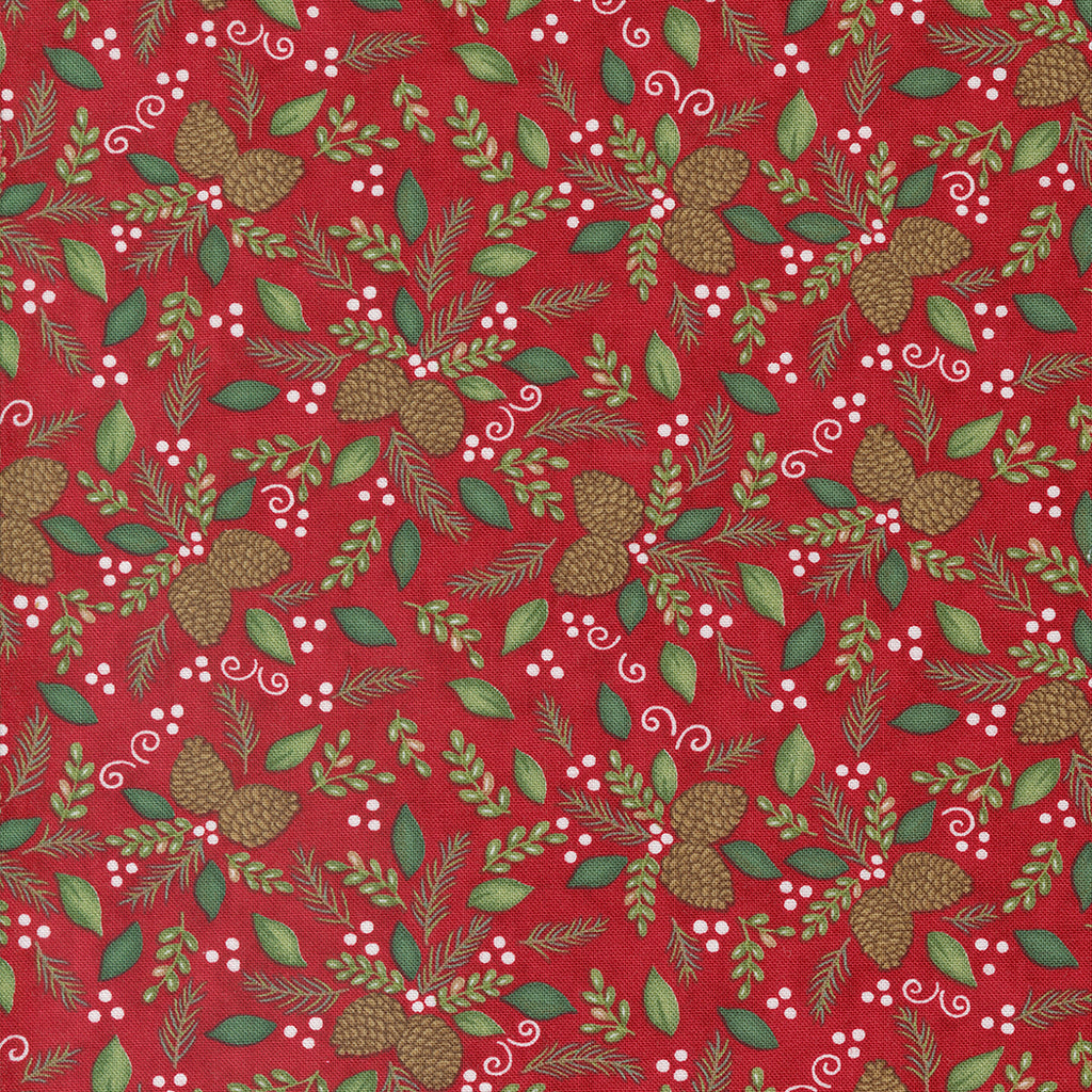 Woodland Winter by Deb Strain for Moda. Cardinal Red- Pinecone Boughs with White Berries and Accents and Green Leaves on a Red Background.  