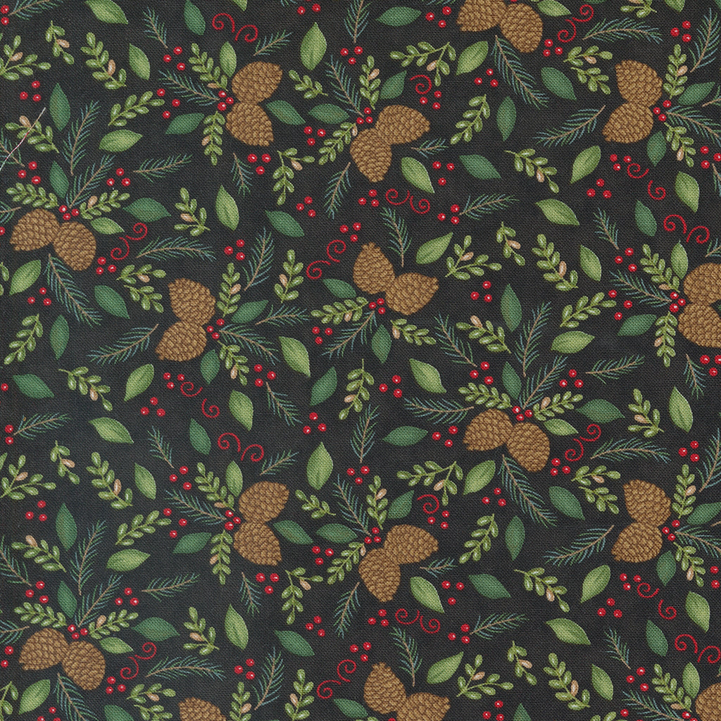 Woodland Winter by Deb Strain for Moda. Charcoal Black- Pinecone Boughs with Red Berries and Accents and Green Leaves on a Soft Black Background. 