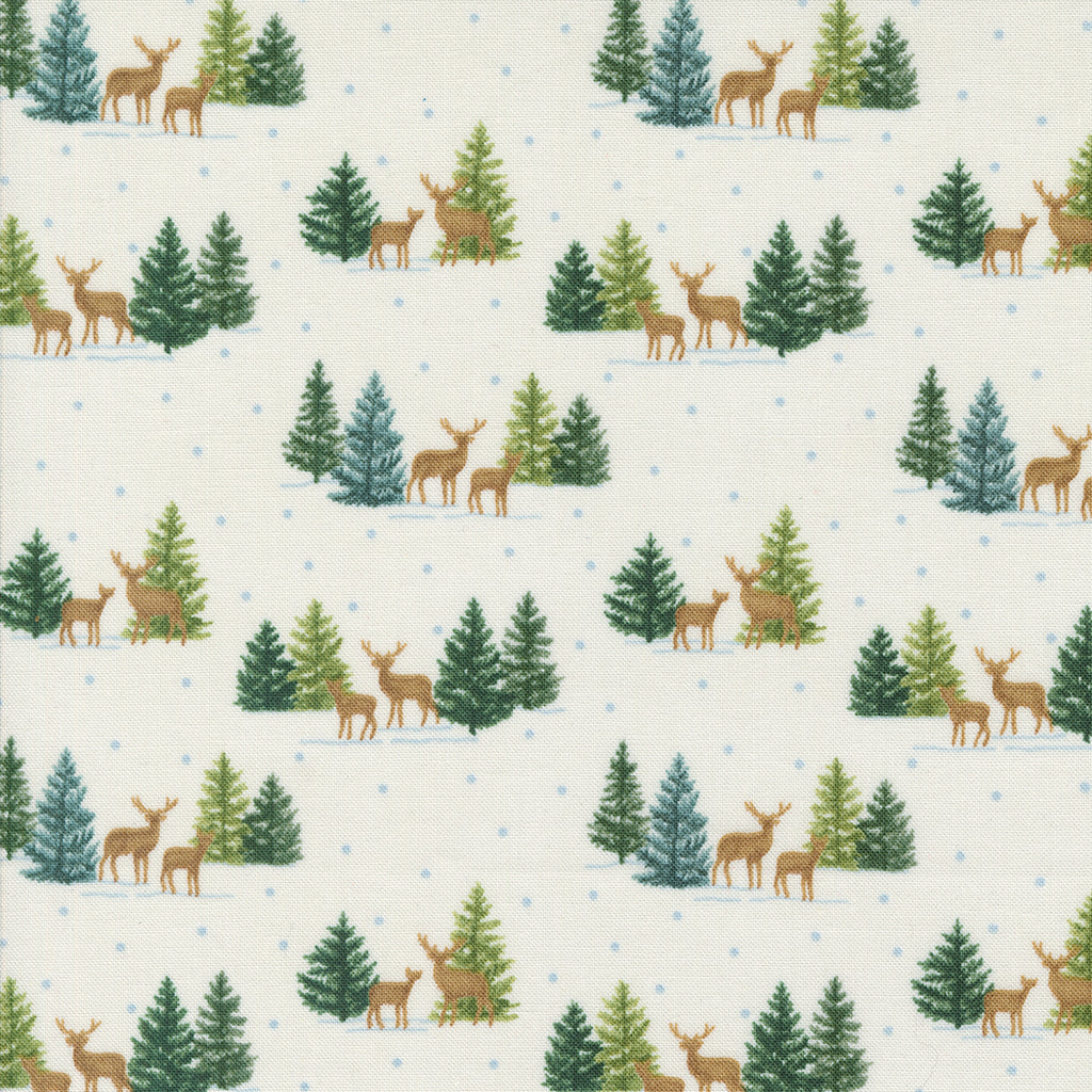 Woodland Winter by Deb Strain for Moda. Snowy White- Allover Scenes of a Deer Family with Pine Trees and Scattered Blue Dots on a Creamy White Background.  