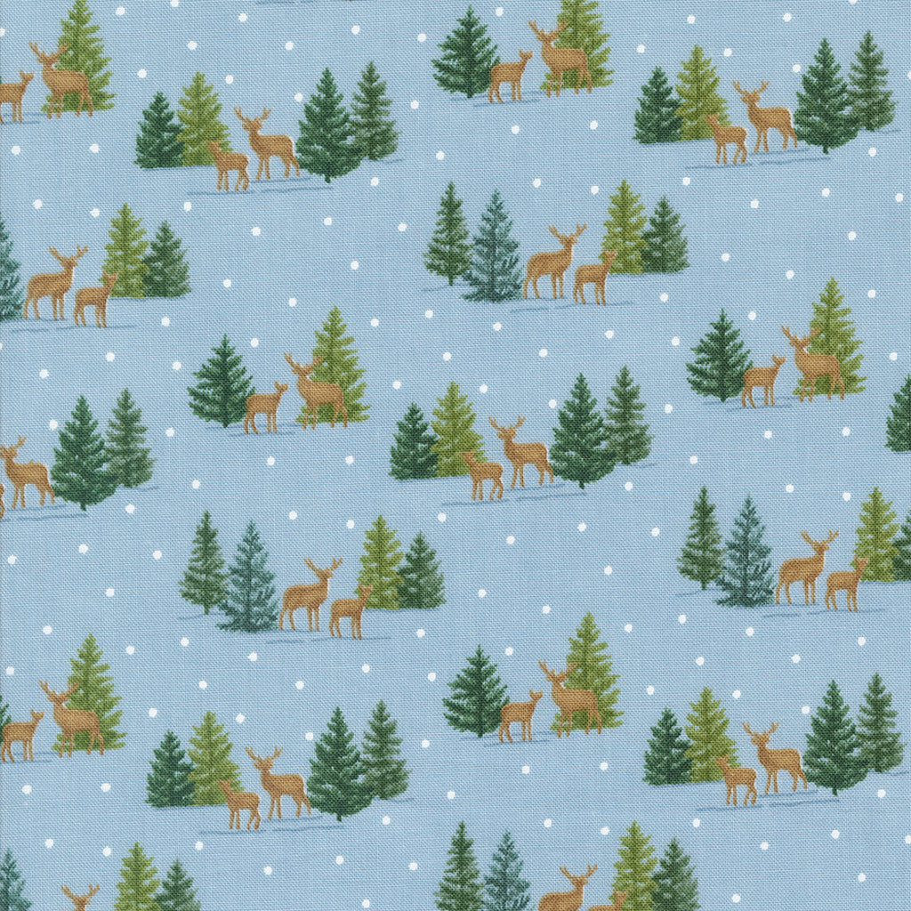 Woodland Winter by Deb Strain for Moda. Sky Blue- Allover Scenes of a Deer Family with Pine Trees and Scattered White Dots on a Light Blue Background.  