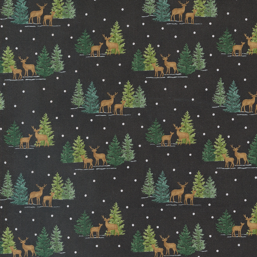 Woodland Winter by Deb Strain for Moda. Charcoal Black- Allover Scenes of a Deer Family with Pine Trees and Scattered White Dots on a Black Background.  