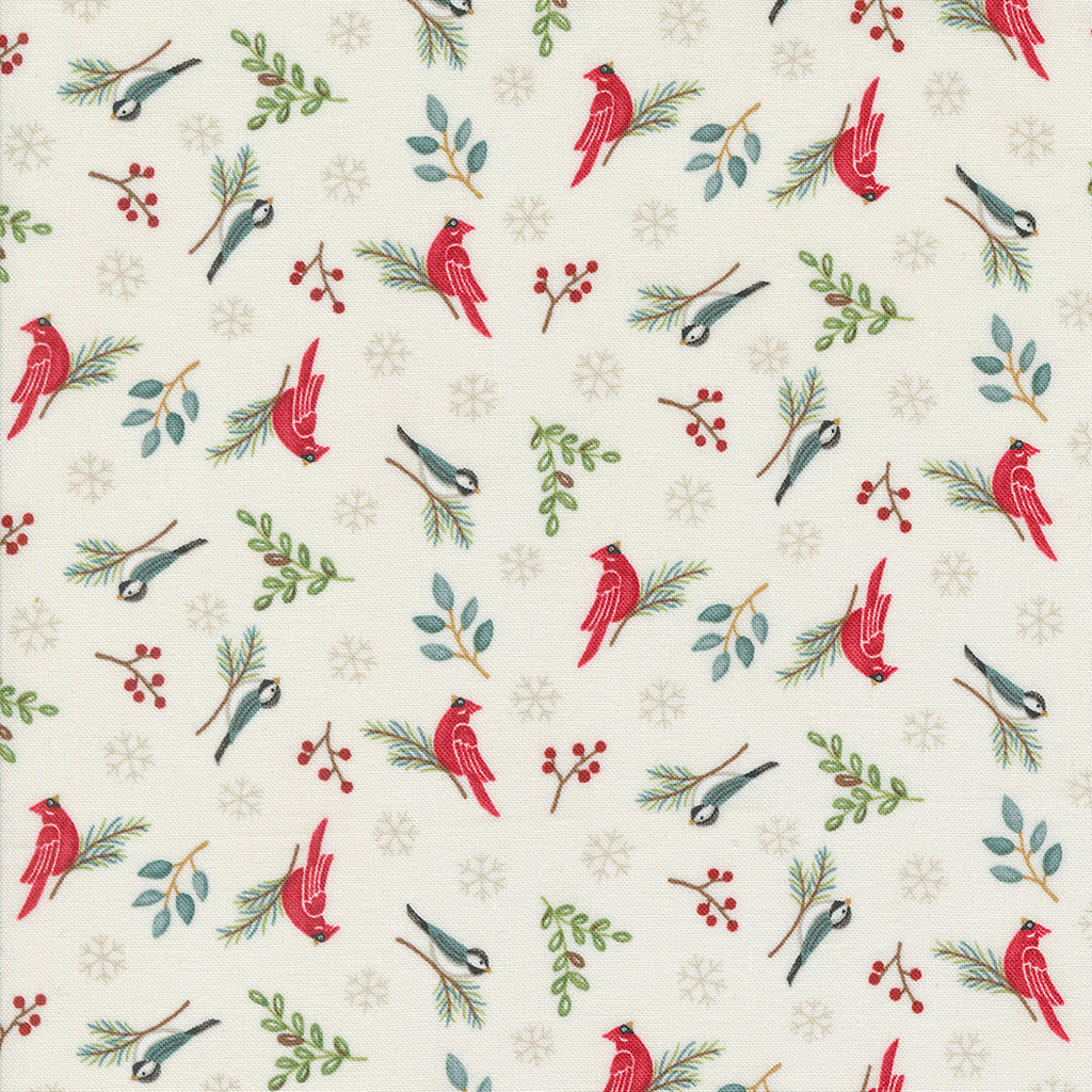 Woodland Winter by Deb Strain for Moda. Snowy White- A Scattered Pattern of Green Leaves, Red Berries, Snowflakes, Chickadees, and Bright Red Cardinals on a Creamy White Background. 