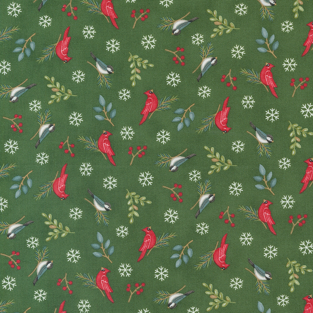 Woodland Winter by Deb Strain for Moda. Pine Green- A Scattered Pattern of Green Leaves, Red Berries, Snowflakes, Chickadees, and Bright Red Cardinals on a Green Background. 