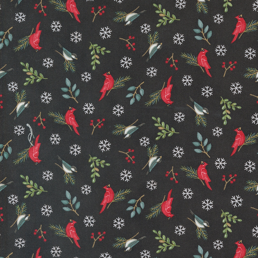 Woodland Winter by Deb Strain for Moda. Charcoal Black- A Scattered Pattern of Green Leaves, Red Berries, Snowflakes, Chickadees, and Bright Red Cardinals on a Black Background. 