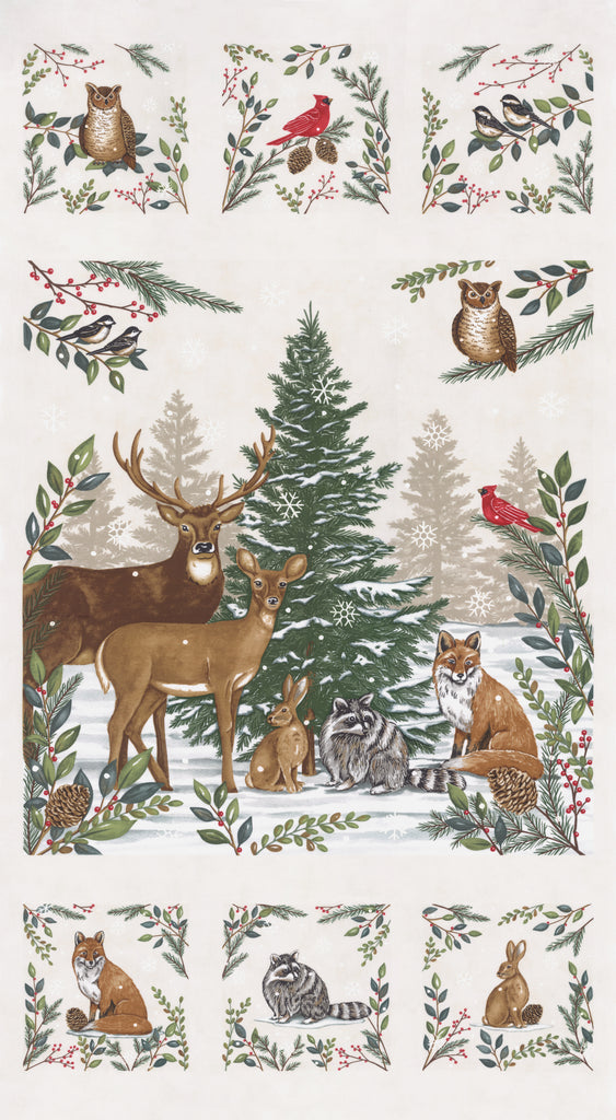 Woodland Winter by Deb Strain for Moda. Snowy White Panel- Approximately 24" x 44" Panel with Different Woodland Animals Scenes featuring Deer, Rabbit, Raccoon, Fox, Cardinals, and Chickadees on a Creamy White Background. 