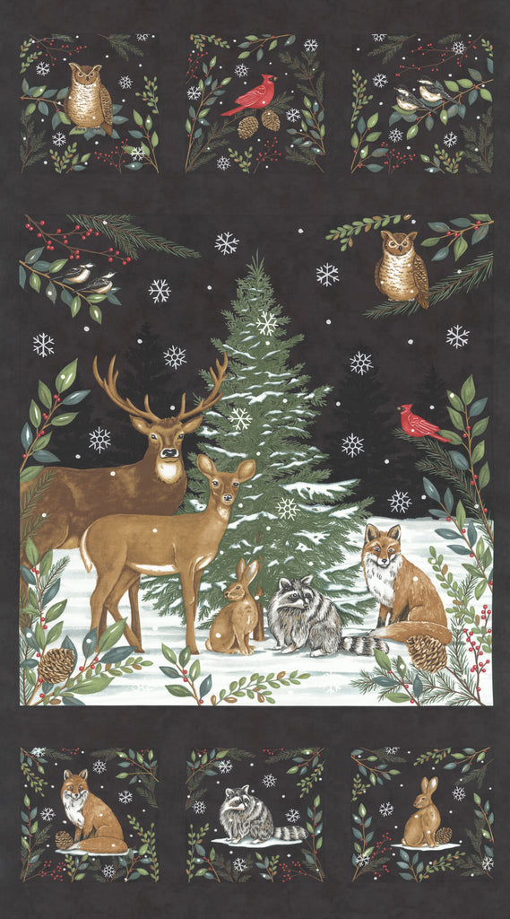 Woodland Winter by Deb Strain for Moda. Charcoal Black Panel- Approximately 24" x 44" Panel with Different Woodland Animals Scenes featuring Deer, Rabbit, Raccoon, Fox, Cardinals, and Chickadees on a Soft Black Background. 
